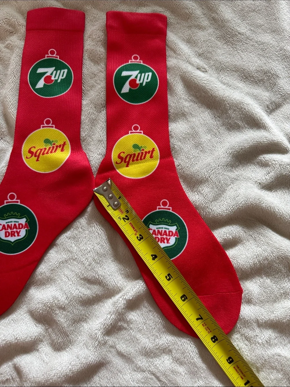 Stanley Red Crew Socks with Green and Yellow Beverage Logos